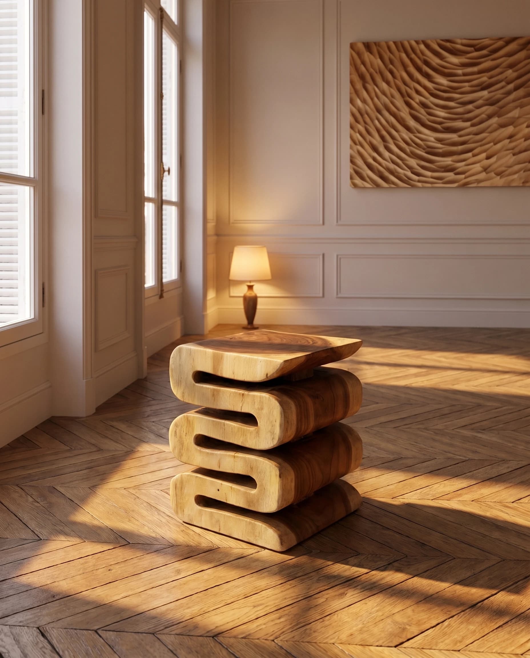 NAGA, tabouret sculpture en Suar massif, dans un intérieur au parquet à chevrons