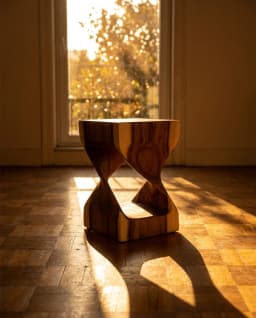 WAKTU en contre-jour devant une fenêtre, feuillage d'automne au dehors